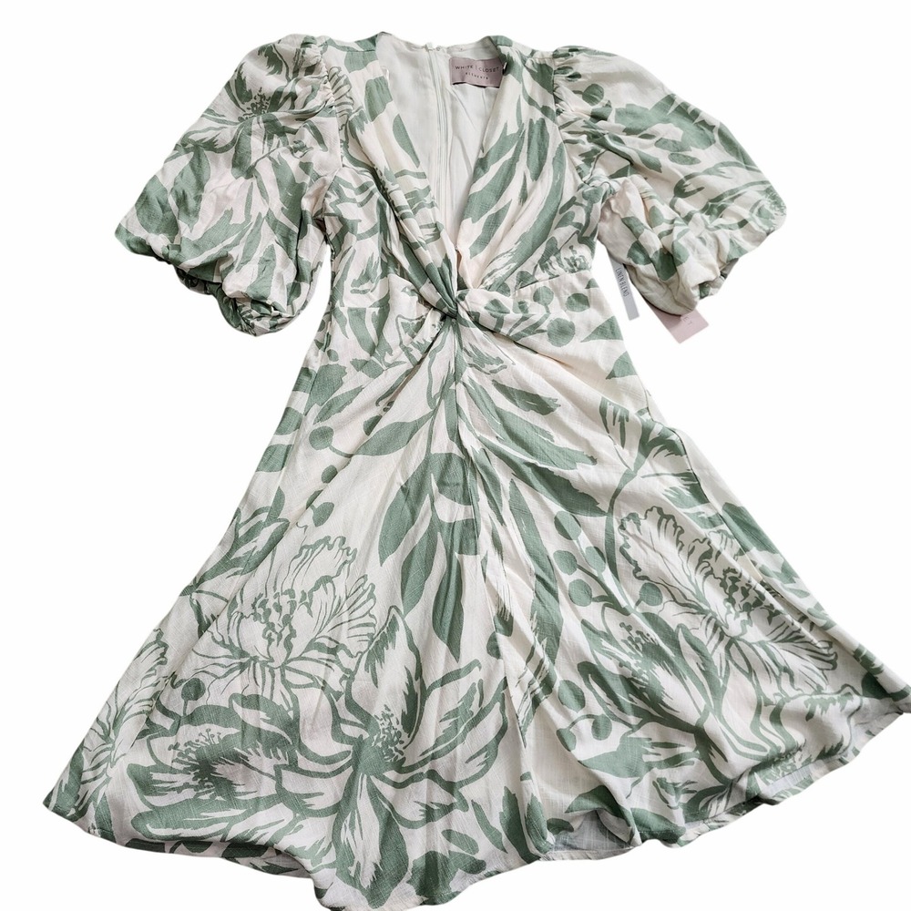 White Closet Elements Green Cream Floral Linen Blend Twist Front Puff Dress S